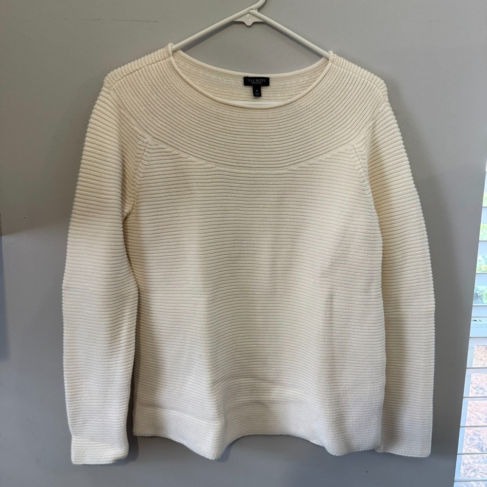 Talbots Sweater Women's Size Medium Ivory Rib Knit‎ Round Neck Pullover Cotton